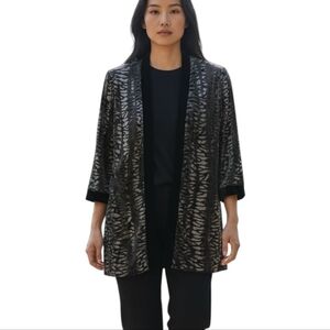 R&M Richards Karen Kwong Layered Top Open Jacket Black Gray Velvet Animal Print